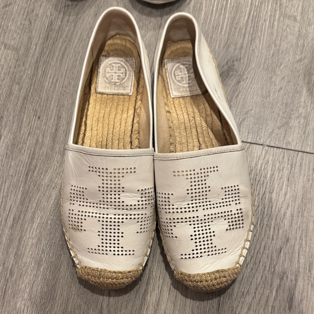 Tory Burch Cream Perforated Leather Espadrille Flats